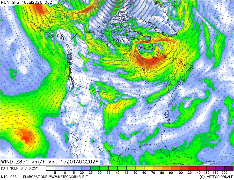mappa 850 hPa Vento forza e direzione