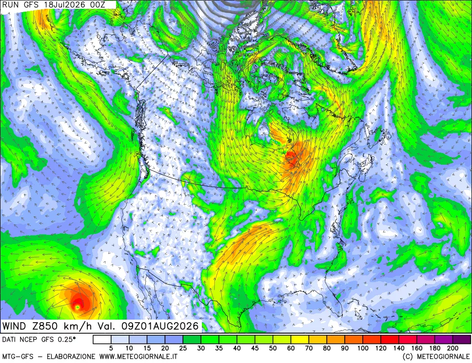 mappa 850 hPa Vento forza e direzione