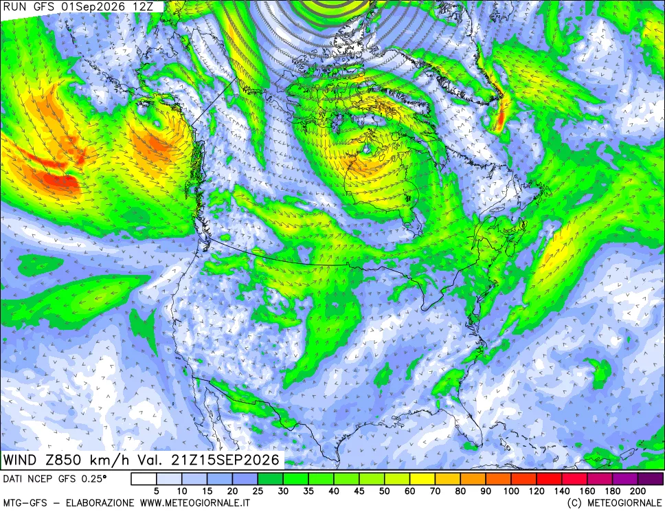 mappa 850 hPa Vento forza e direzione