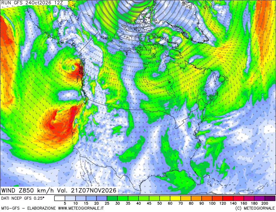 mappa 850 hPa Vento forza e direzione
