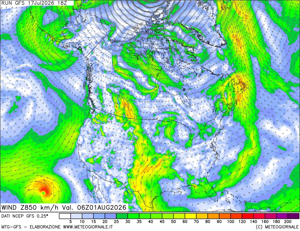 mappa 850 hPa Vento forza e direzione