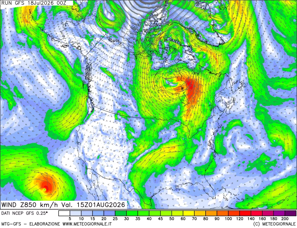 mappa 850 hPa Vento forza e direzione