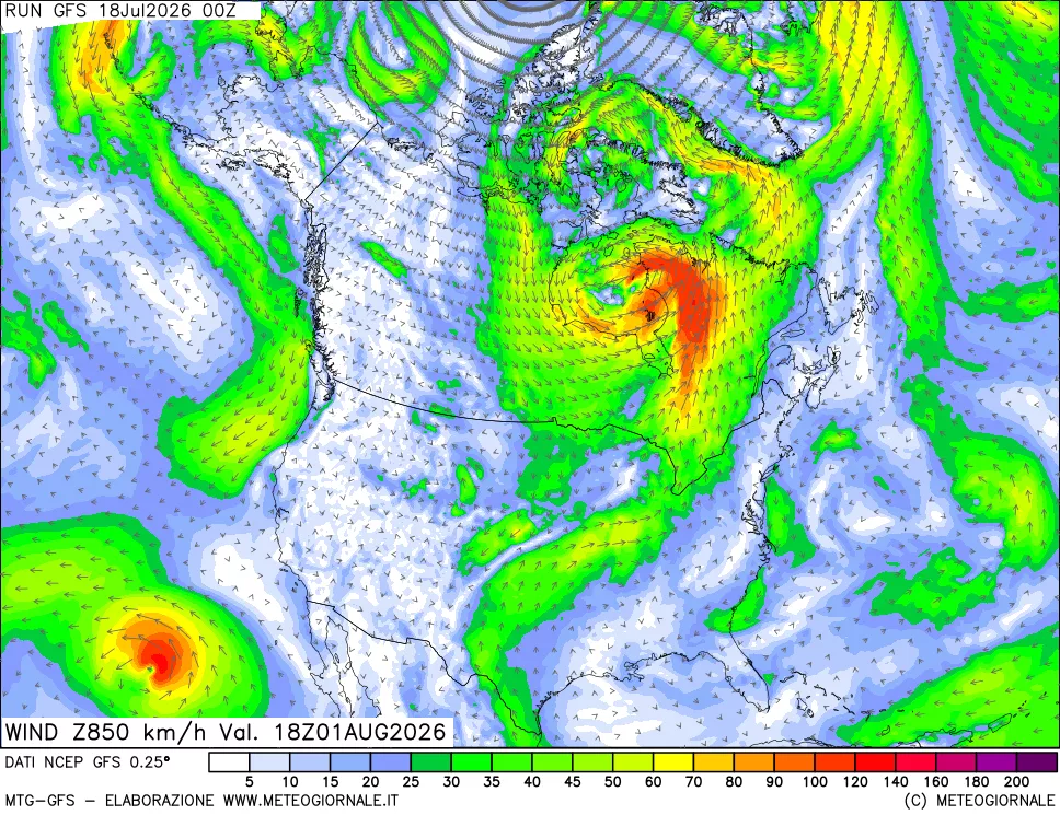 mappa 850 hPa Vento forza e direzione
