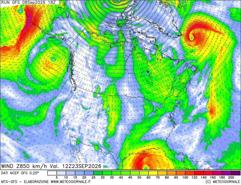 mappa 850 hPa Vento forza e direzione