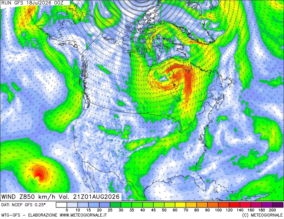 mappa 850 hPa Vento forza e direzione