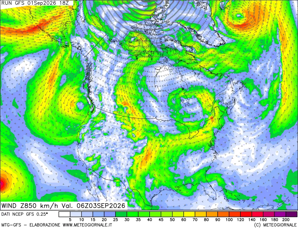 mappa 850 hPa Vento forza e direzione