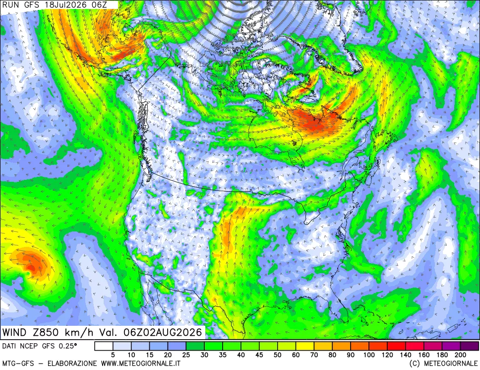 mappa 850 hPa Vento forza e direzione
