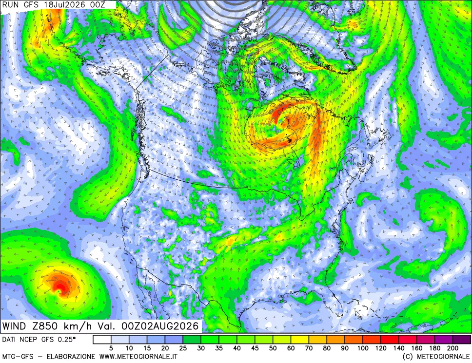 mappa 850 hPa Vento forza e direzione