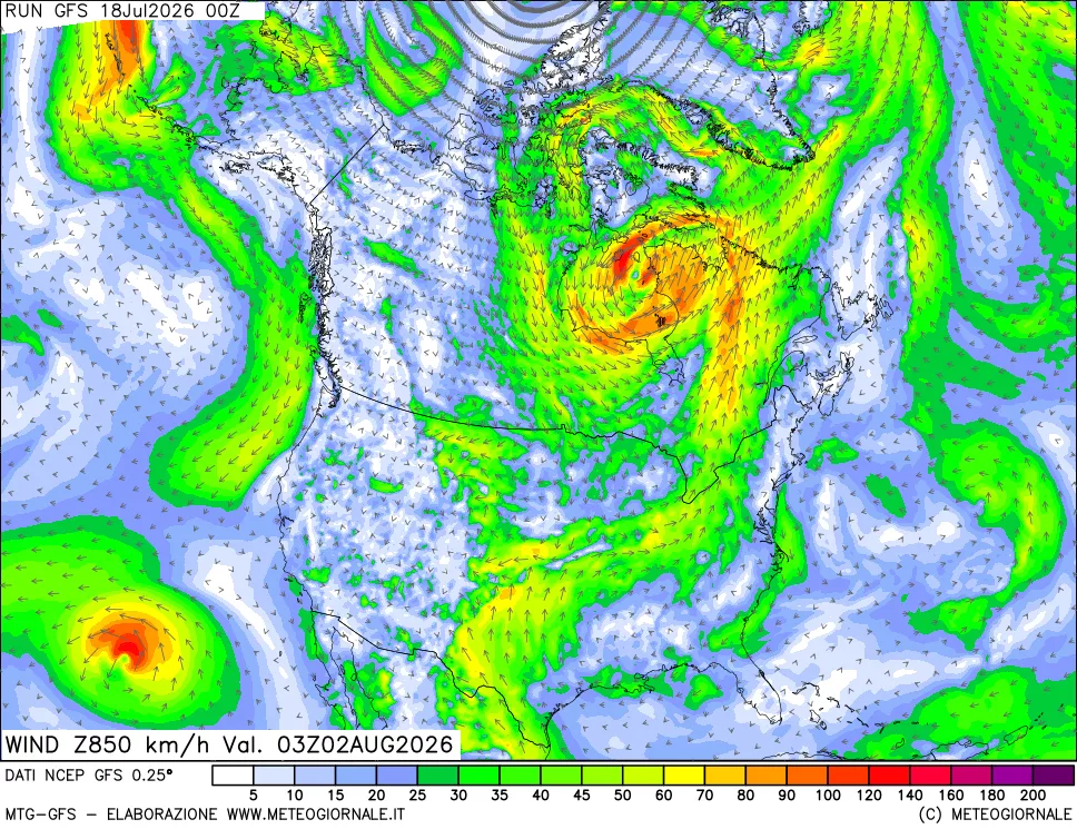 mappa 850 hPa Vento forza e direzione