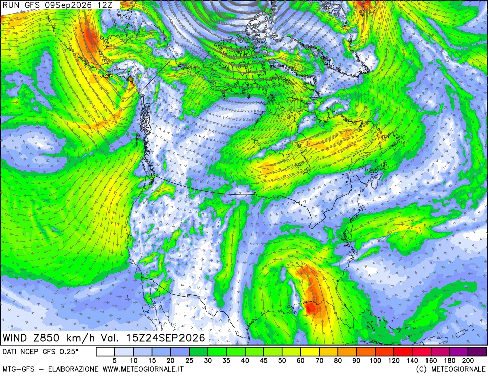 mappa 850 hPa Vento forza e direzione