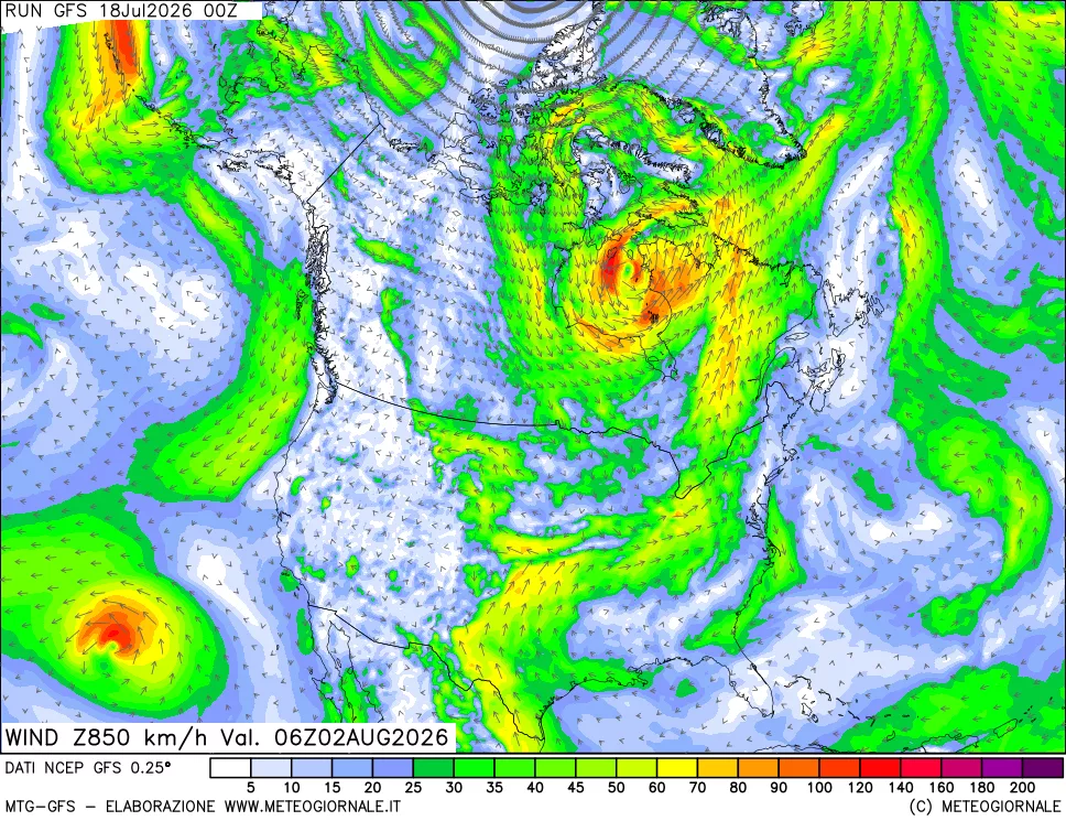 mappa 850 hPa Vento forza e direzione
