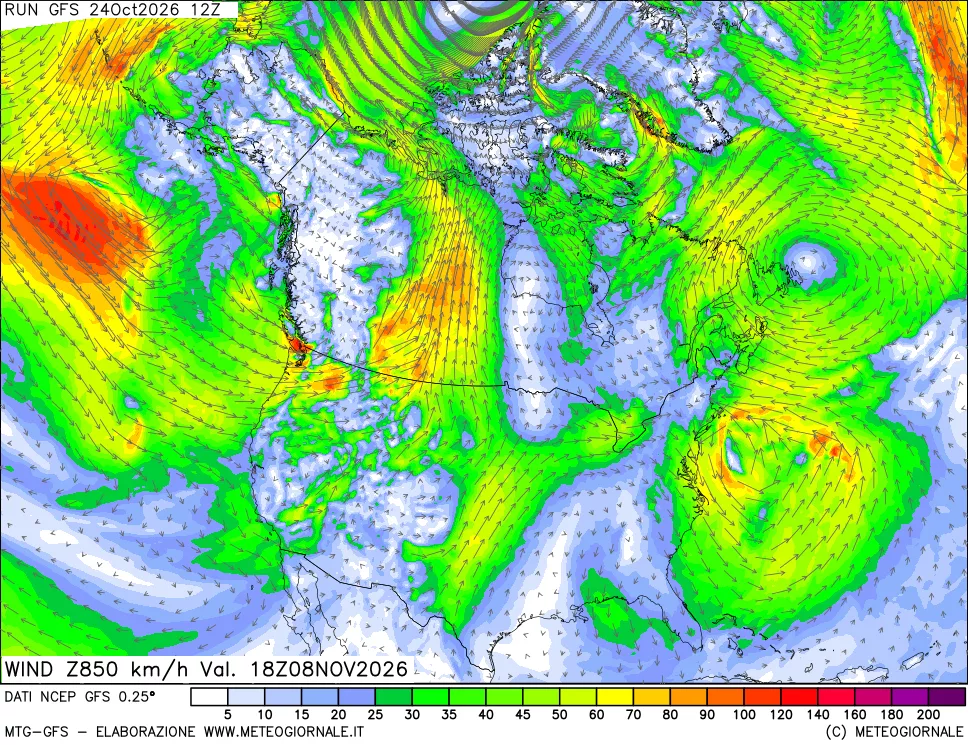 mappa 850 hPa Vento forza e direzione