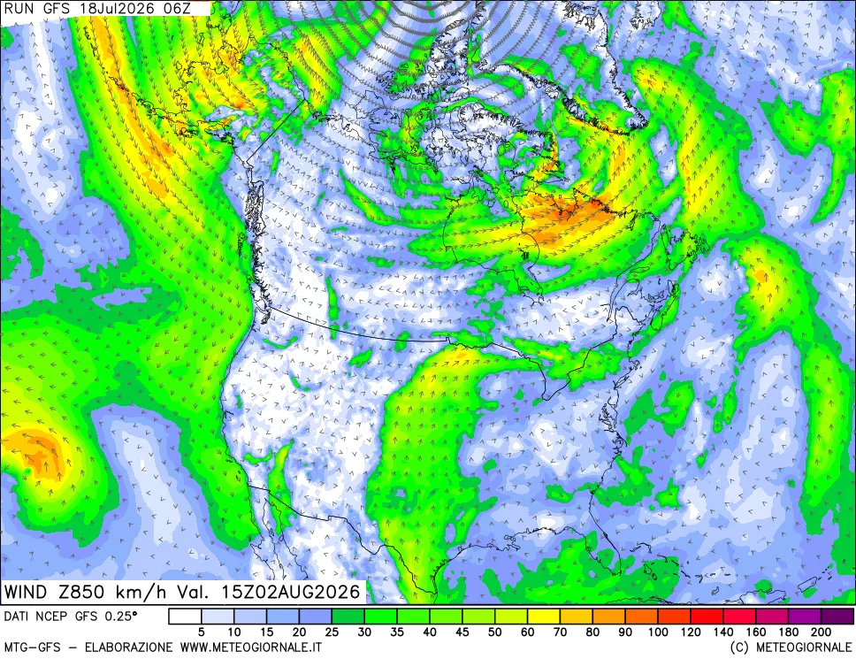 mappa 850 hPa Vento forza e direzione