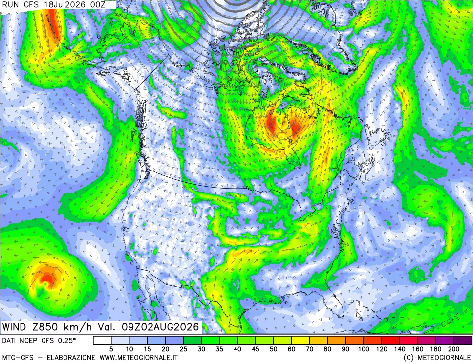 mappa 850 hPa Vento forza e direzione