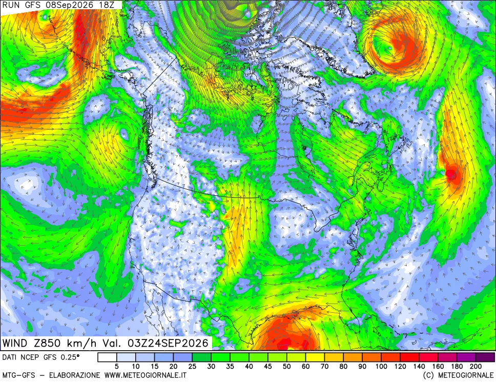 mappa 850 hPa Vento forza e direzione