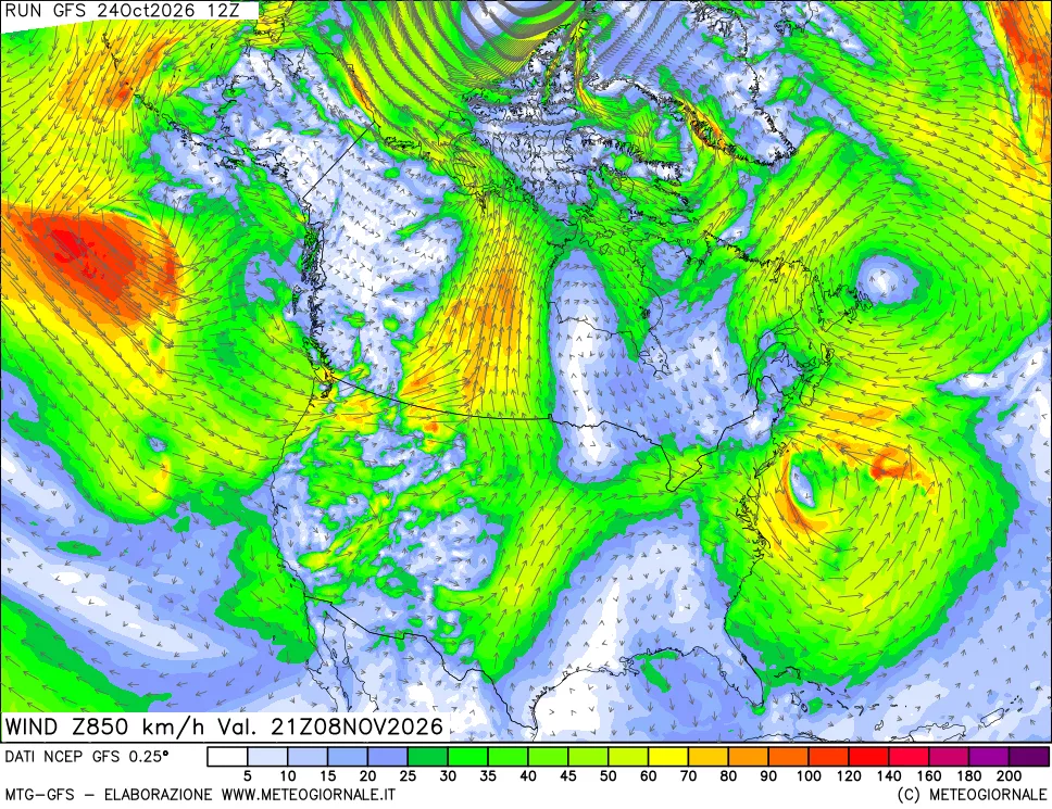 mappa 850 hPa Vento forza e direzione