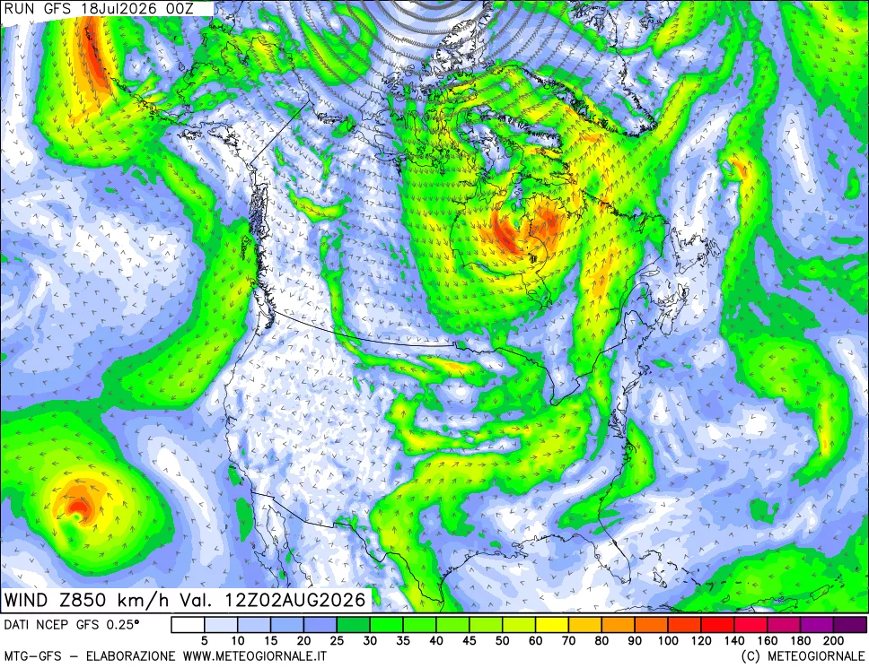 mappa 850 hPa Vento forza e direzione