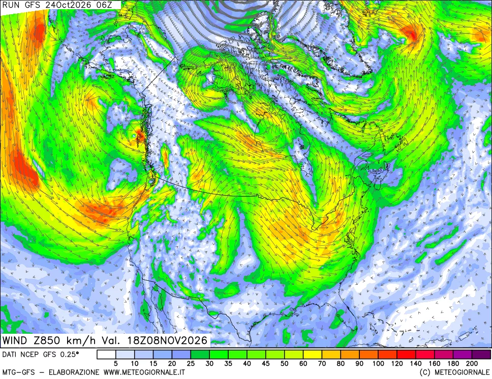 mappa 850 hPa Vento forza e direzione
