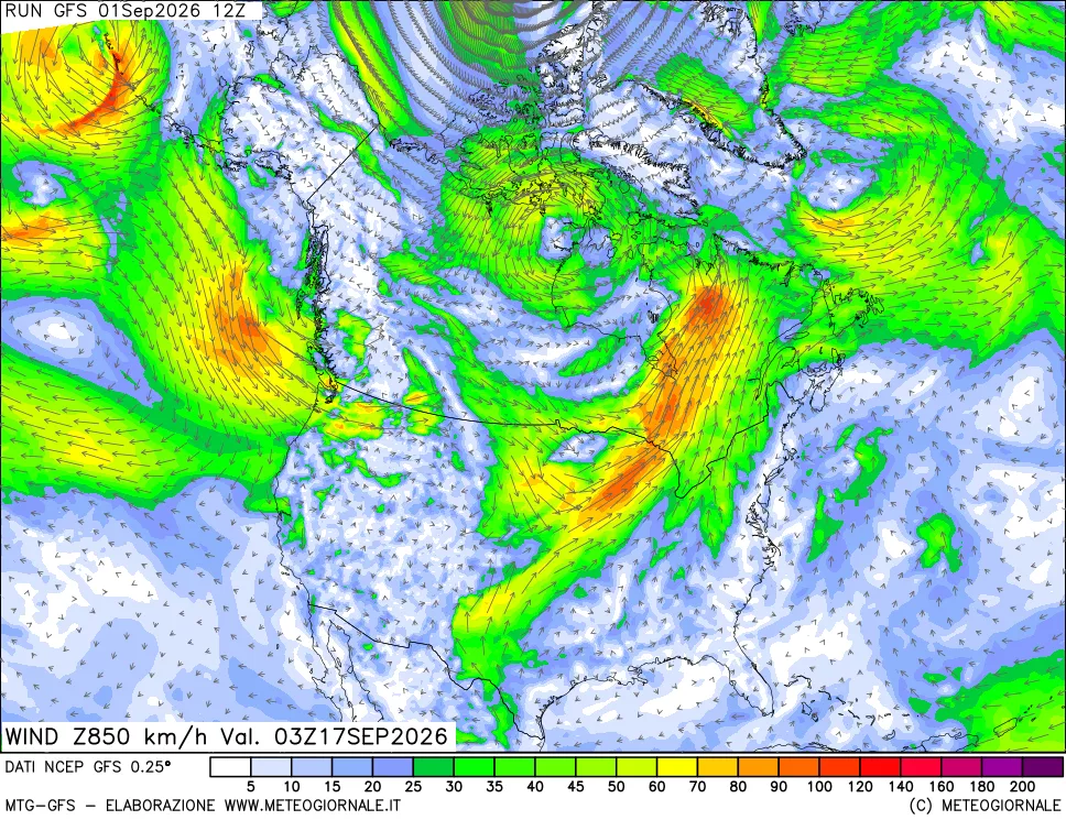 mappa 850 hPa Vento forza e direzione