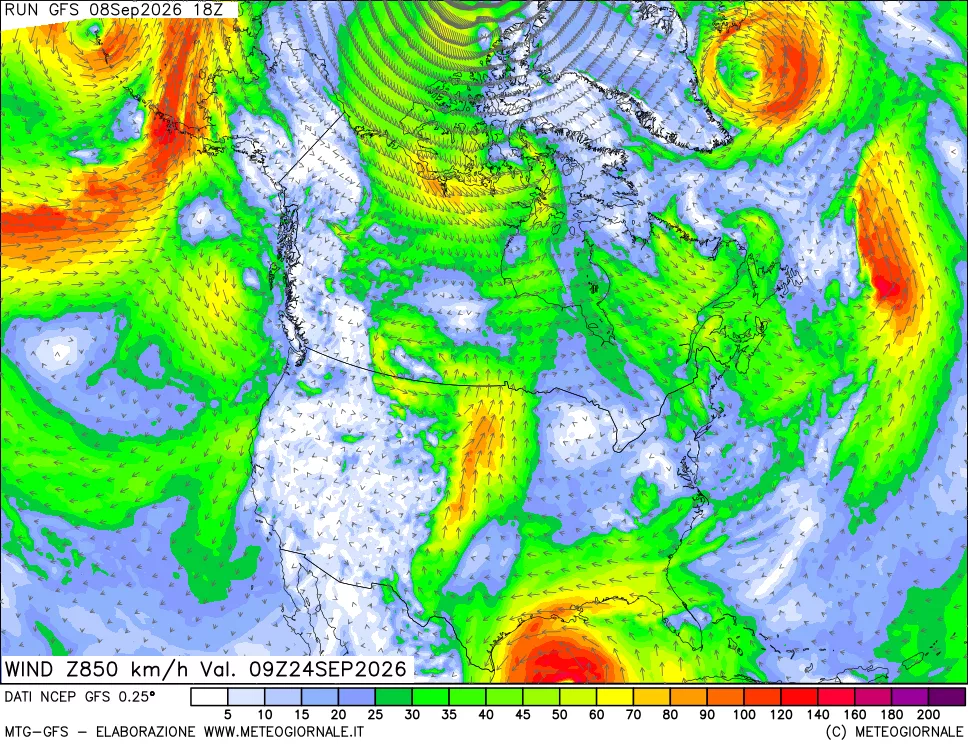 mappa 850 hPa Vento forza e direzione