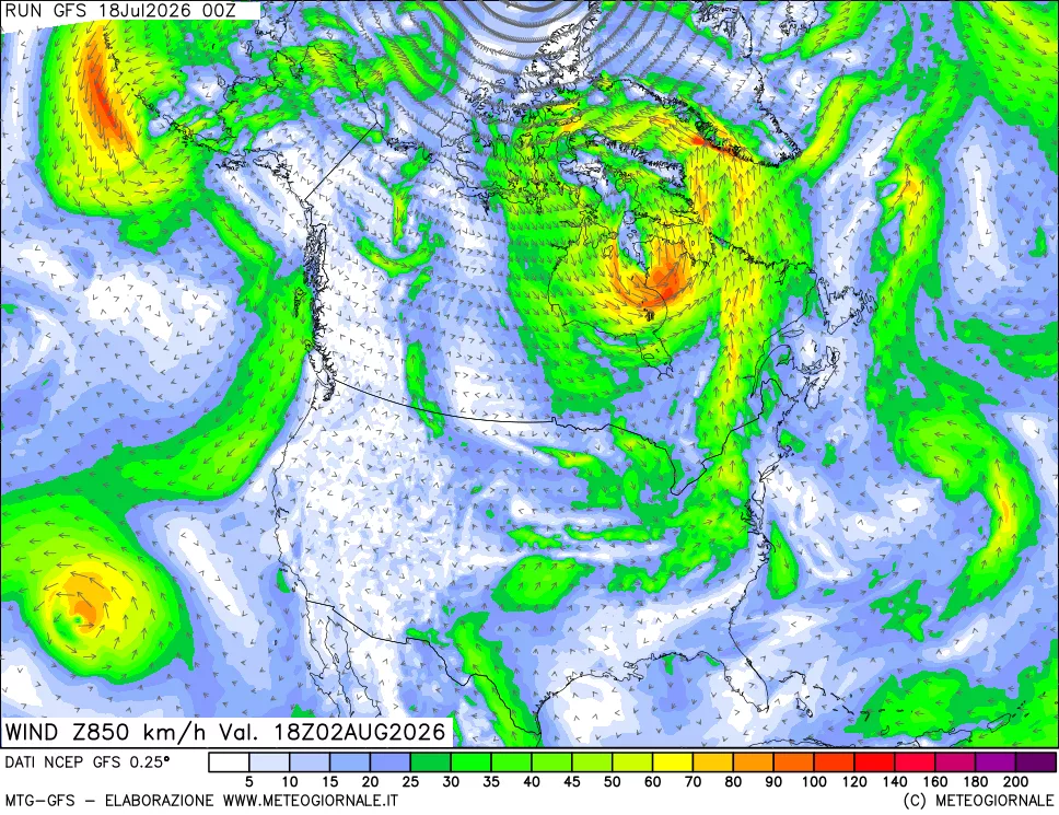 mappa 850 hPa Vento forza e direzione