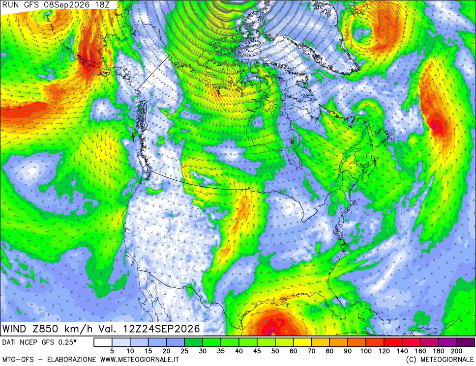 mappa 850 hPa Vento forza e direzione