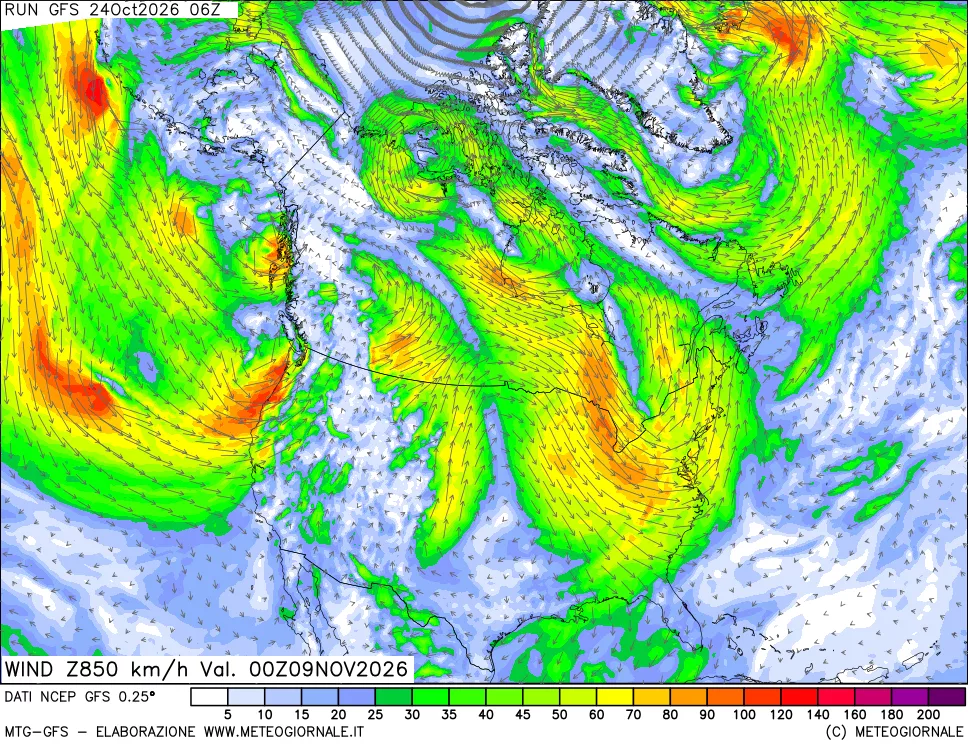 mappa 850 hPa Vento forza e direzione