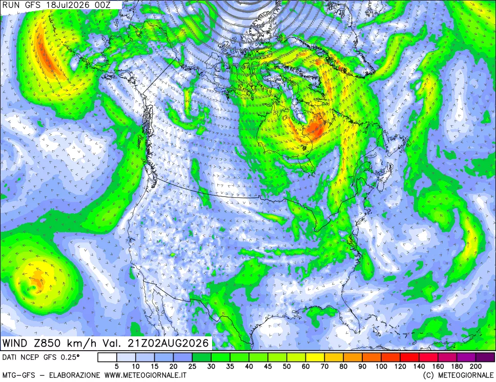mappa 850 hPa Vento forza e direzione