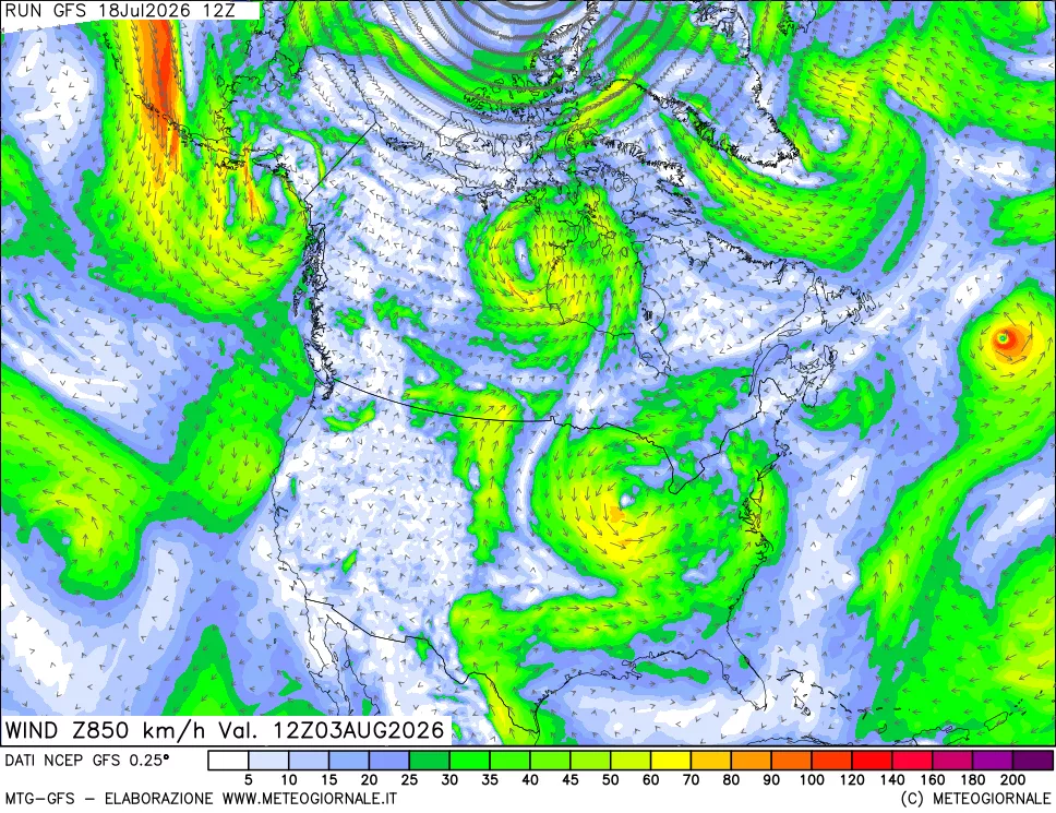 mappa 850 hPa Vento forza e direzione
