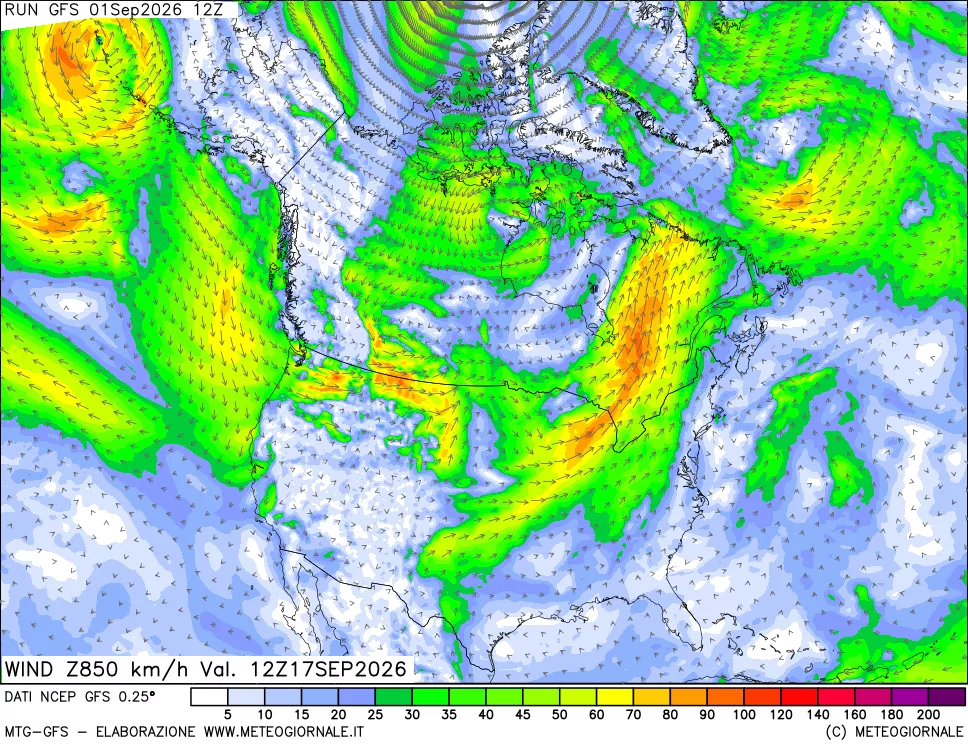 mappa 850 hPa Vento forza e direzione