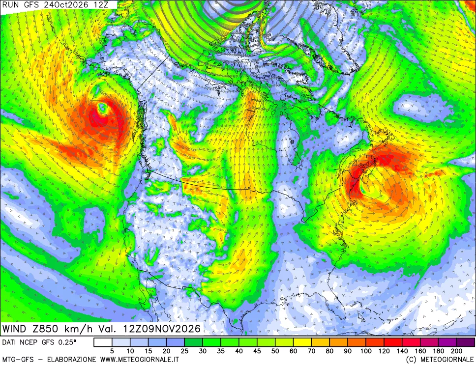 mappa 850 hPa Vento forza e direzione