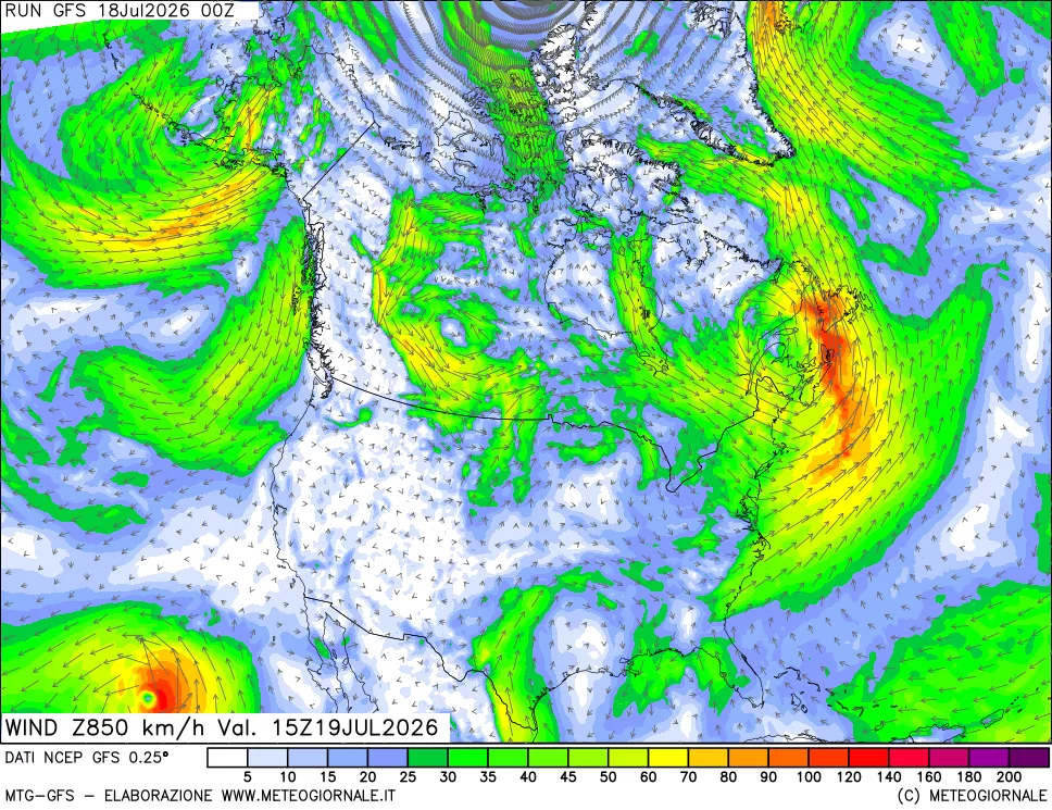 mappa 850 hPa Vento forza e direzione
