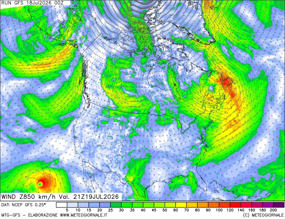 mappa 850 hPa Vento forza e direzione