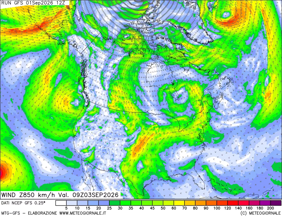 mappa 850 hPa Vento forza e direzione