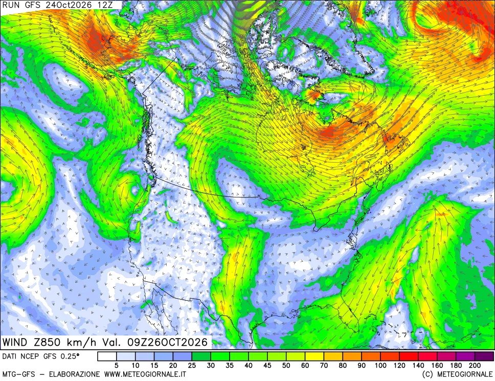 mappa 850 hPa Vento forza e direzione
