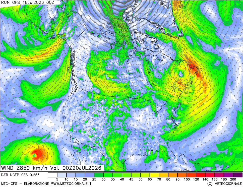 mappa 850 hPa Vento forza e direzione