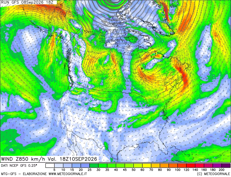 mappa 850 hPa Vento forza e direzione
