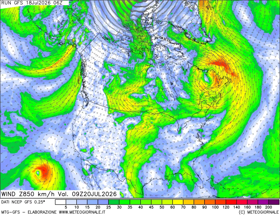 mappa 850 hPa Vento forza e direzione