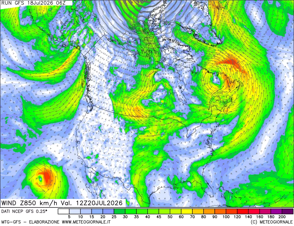mappa 850 hPa Vento forza e direzione