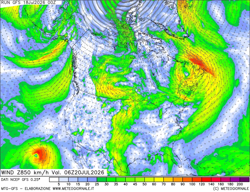 mappa 850 hPa Vento forza e direzione