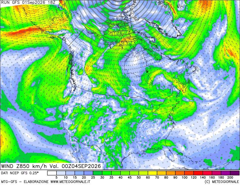 mappa 850 hPa Vento forza e direzione
