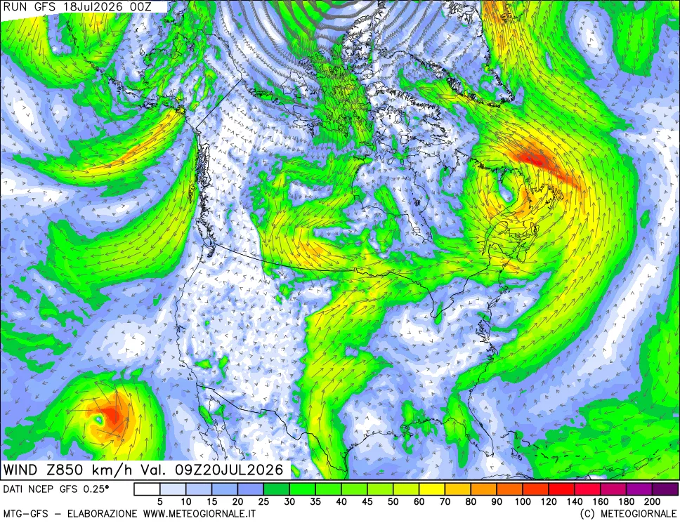 mappa 850 hPa Vento forza e direzione