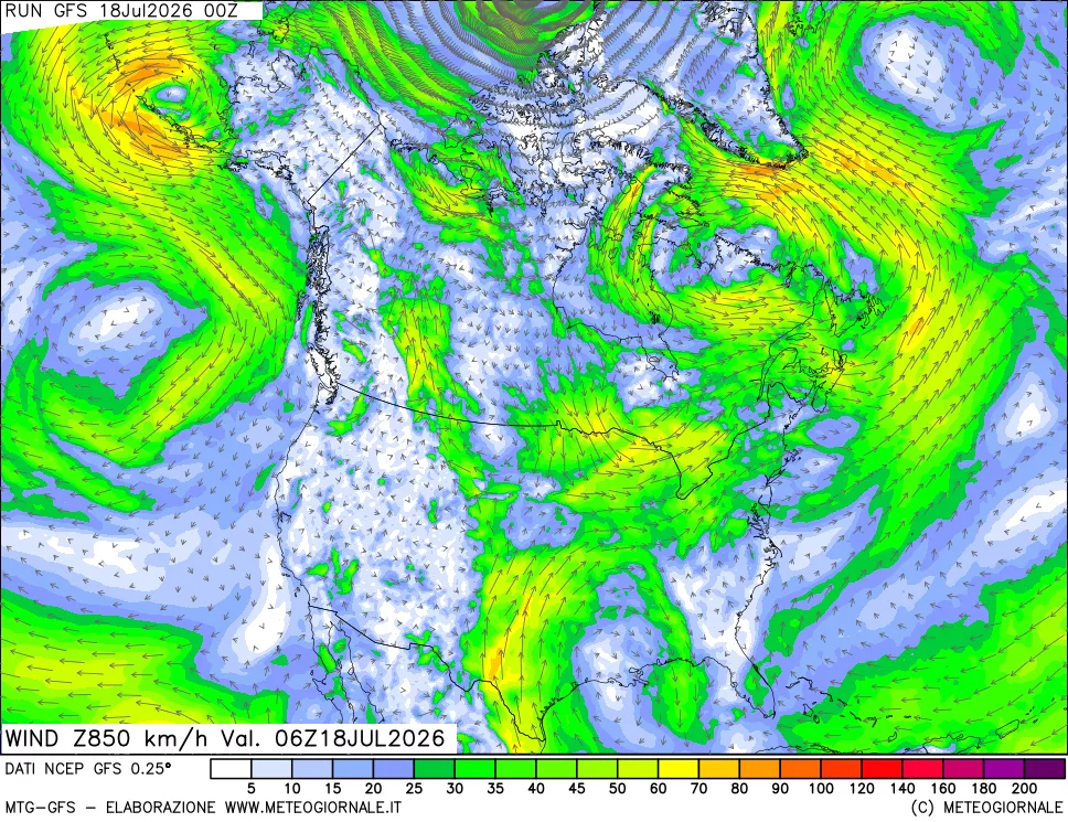 mappa 850 hPa Vento forza e direzione