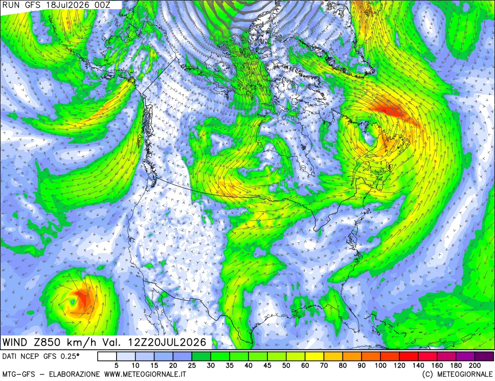 mappa 850 hPa Vento forza e direzione