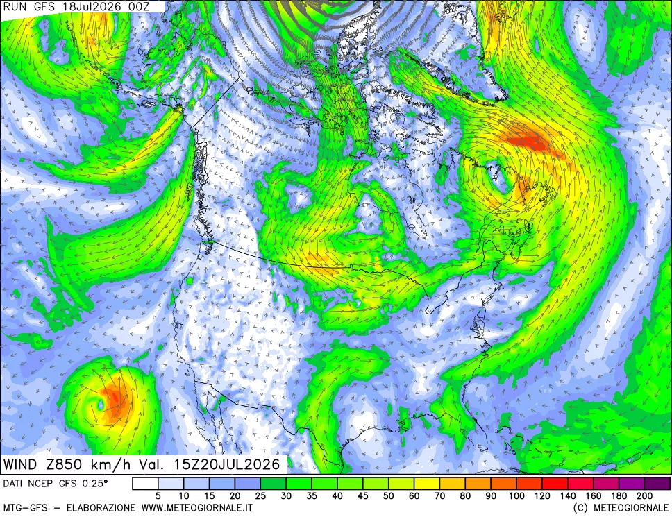 mappa 850 hPa Vento forza e direzione