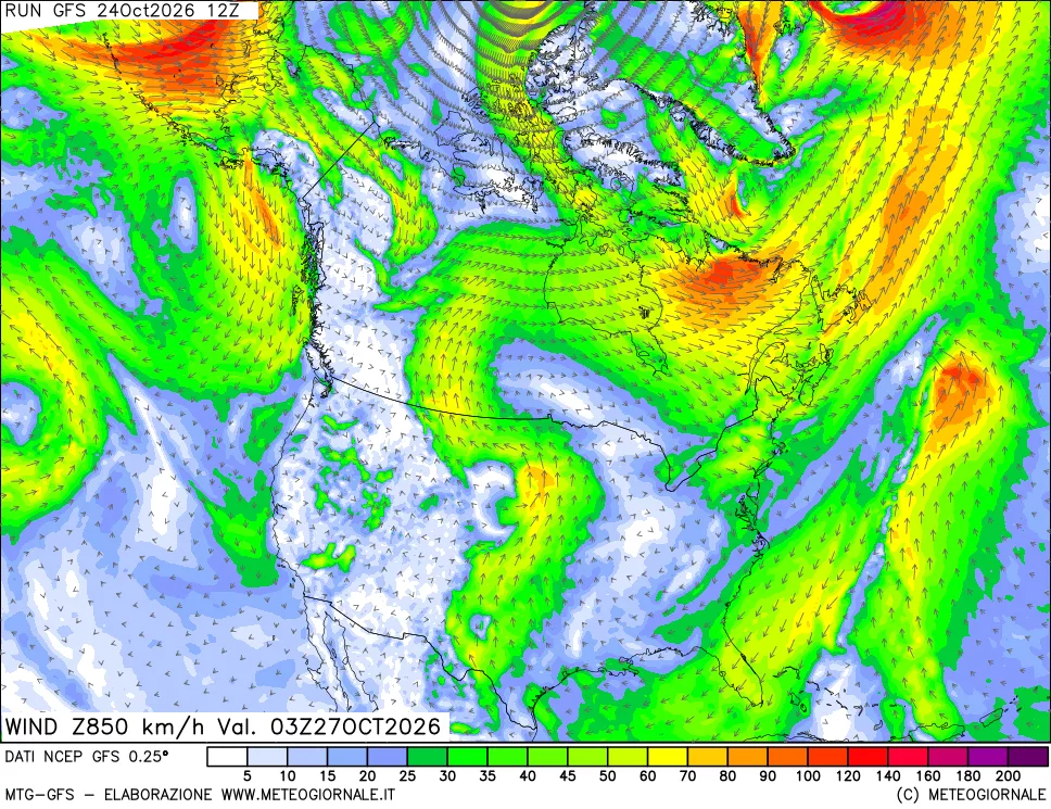 mappa 850 hPa Vento forza e direzione