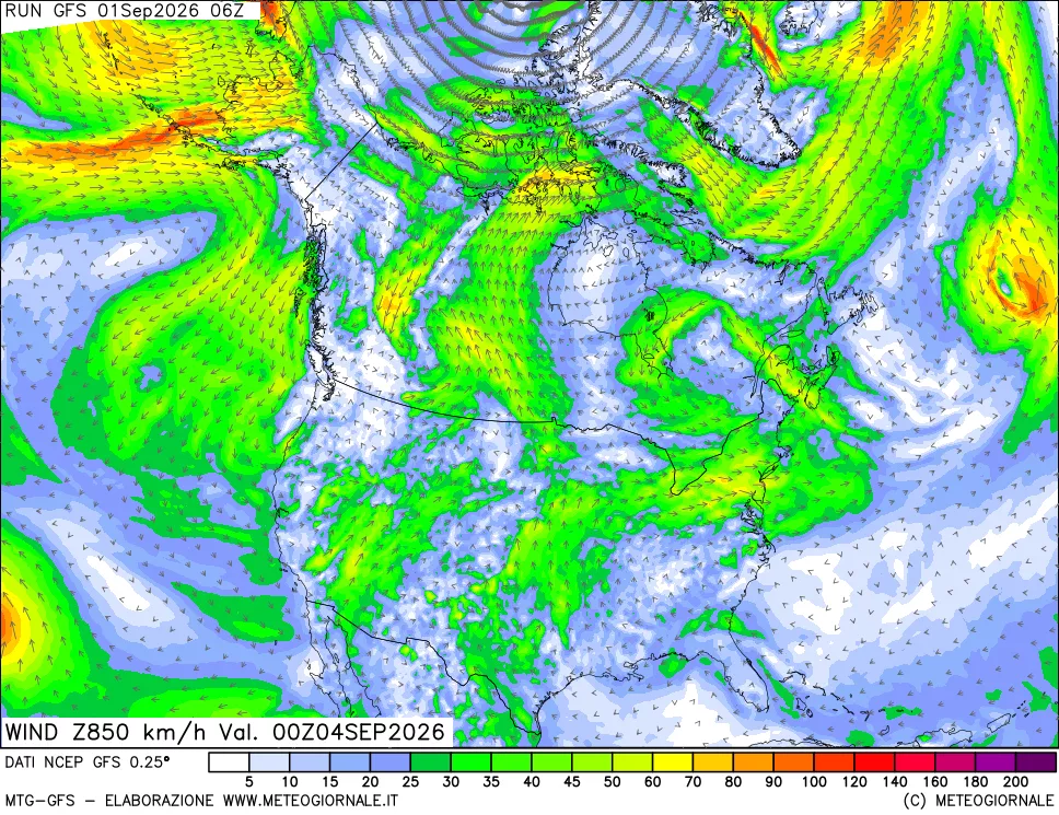 mappa 850 hPa Vento forza e direzione