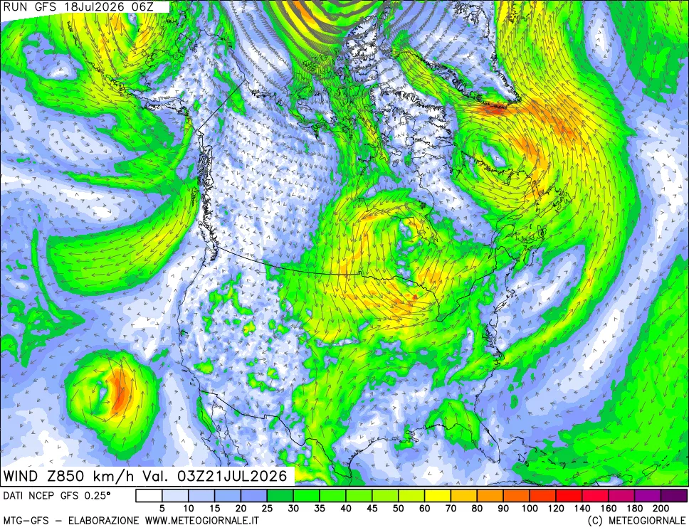 mappa 850 hPa Vento forza e direzione