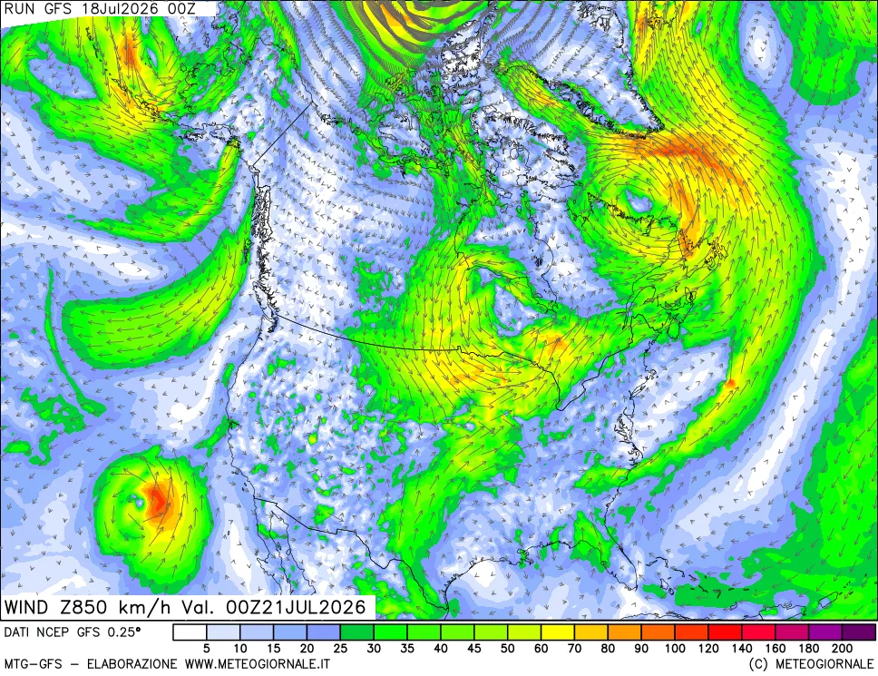 mappa 850 hPa Vento forza e direzione