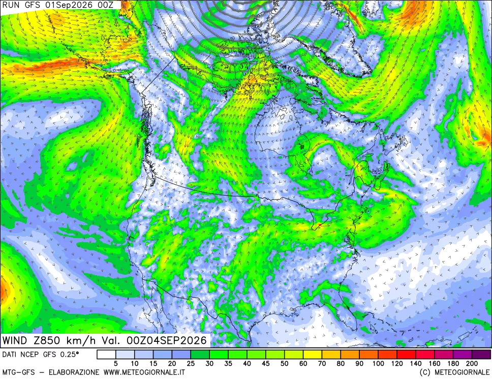 mappa 850 hPa Vento forza e direzione